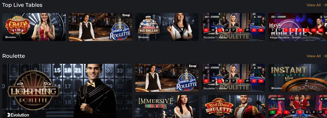 Browse live casino tables.